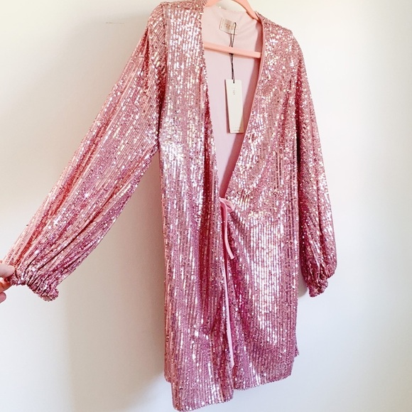 Club L London Pink Sequin long sleeve mini Wrap Dress - Picture 8 of 13